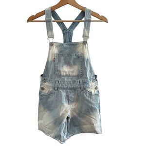Levis Shortall Raw Hem Washed Denim Shorts Overalls Size 12